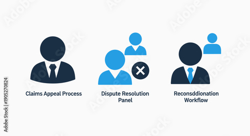 Business Icons for Claims Appeal Process, Dispute Resolution Panel, and Reconciliation Workflow