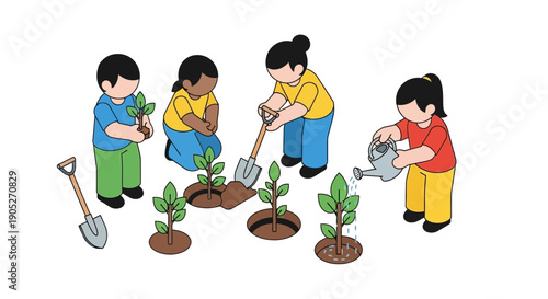 children planting and watering young plants together outdoors