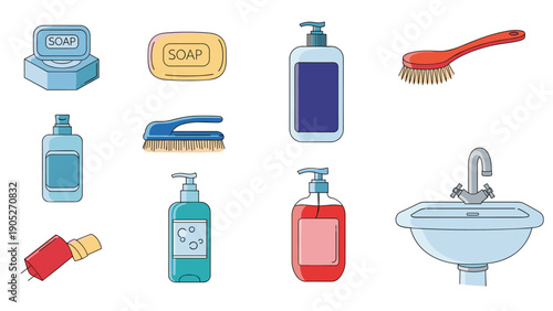Personal hygiene items collection featuring soap bars, brushes, shampoo bottles, and a bathroom sink for cleanliness and care concepts.