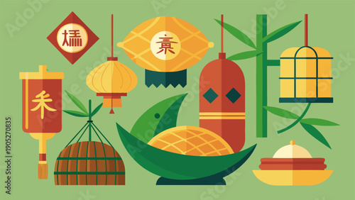 Chinese Duanwu Festival greeting card template with rice dumplings and copy space on teal wave pattern background.eps