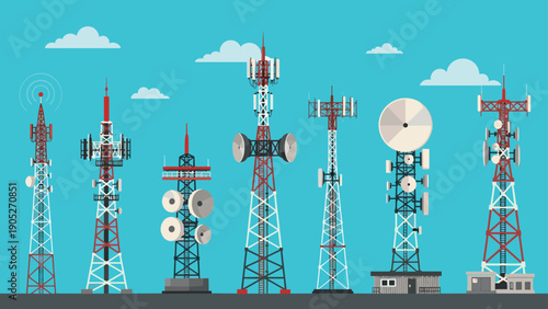 Tall telecommunication towers and radio antennas set against a clear blue sky for mobile network and global connectivity industry themes.