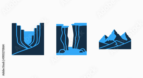 Geological Landscape Icons: Canyon, Waterfall, and Mountain Range