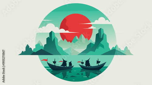 Chinese Dragon Boat Festival (Duanwu Festival) illustration with calligraphy, bamboo leaves, and scenic river landscape..eps