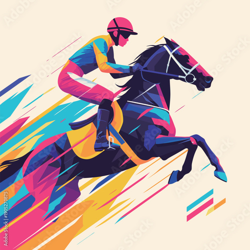 A jockey rides a horse at high speed during a racing event. The scene shows bright colors and movement, capturing action.