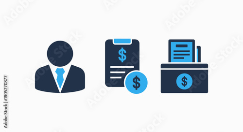 Finance Icons: Businessman, Invoice with Dollar Coin, and Money in Box