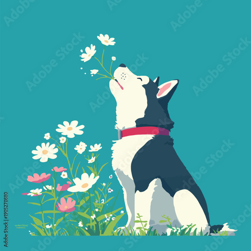 A dog is sitting in a garden surrounded by flowers. It is sniffing a flower while looking up on a sunny day.