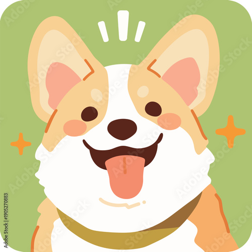 A corgi with a happy face looks directly at the viewer. The background is bright and colorful, enhancing the cheerful mood.