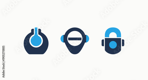 Modern flat icons representing power button, location pin with minus symbol, and padlock for security or access control concepts.