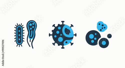 Close-up icons of microscopic organisms: rod-shaped bacteria, viral particles, and cellular structures