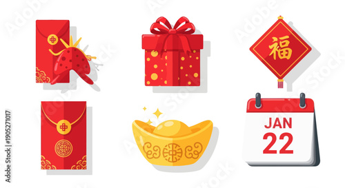 Chinese New Year Icons: Red Envelopes, Gift Box, Gold Ingot, Calendar, Good Fortune Symbol