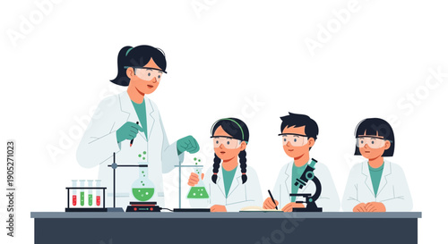 Students in science lab with teacher conducting experiment