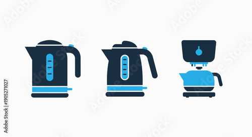 Modern kitchen appliance icons: electric kettles and a coffee maker, in blue and dark tones