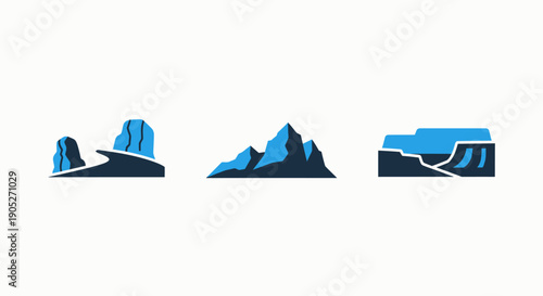 Stylized icons of geological formations: rock arches, mountain peaks, and canyons in a natural landscape