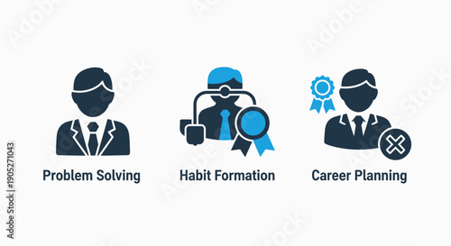 Icons for career development: problem solving, habit formation with awards, and career planning with rejection