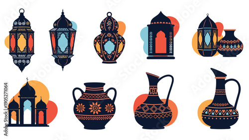 Traditional islamic lanterns and vases with intricate patterns along with a mosque silhouette for ramadan and middle eastern themes.