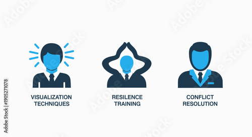 Business icons for visualization, resilience, and conflict resolution, symbolizing personal growth and professional development. Clean vector art.