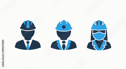 Professionals wearing safety helmets and masks, representing construction, engineering, and healthcare workers with protective gear. Modern icons.