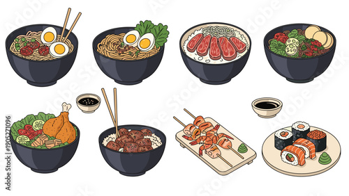 Mouthwatering asian food dishes including ramen, rice bowls, skewers, and sushi rolls for culinary and oriental restaurant menu designs.