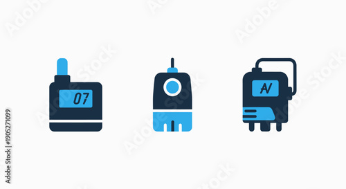 Icons of communication devices: a digital walkie-talkie with screen, a portable radio transmitter, and a rugged communication unit. Tech vector graphics.