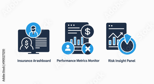 Financial dashboard icons for insurance analysis, performance metrics, and risk insights, showing data visualization and business intelligence.