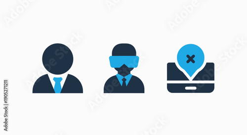 Icons representing a person, VR user, and a map pin with an X, signifying identity, virtual experiences, and location tracking.