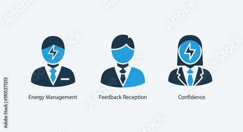 Business icons illustrating energy management, feedback reception, and confidence for professional development and employee engagement.