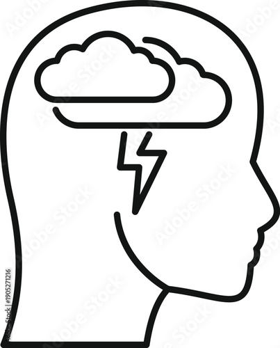Human head profile showcasing a stormy cloud and lightning, symbolizing stress and mental health issues