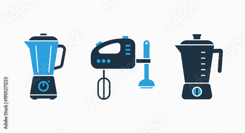 Kitchen appliance icons featuring different blenders and a hand mixer, perfect for food preparation, smoothies, and culinary tools.