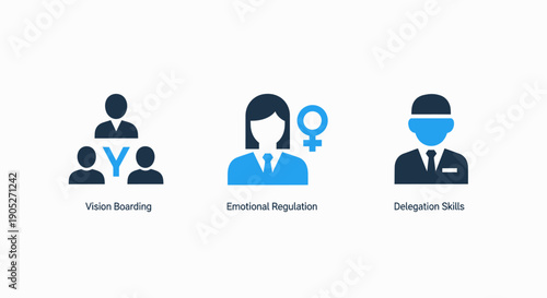 Business Skill Icons: Vision boarding, emotional regulation, and delegation skills for leadership and personal development.