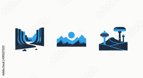 Landscape Icons: Canyon, mountain range at sunset, and futuristic cityscape or alien planet with domes.