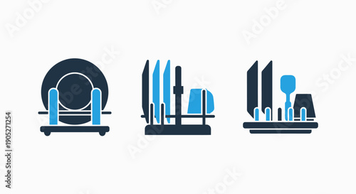 Kitchenware Icons: Dish rack with plates, cutlery, glasses, and cups for organization and cleanliness.