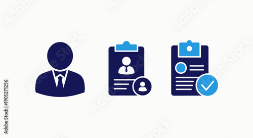 Business Profile and Onboarding Icons: Silhouette of a person, user profile on a clipboard, and approved user with checkmark.