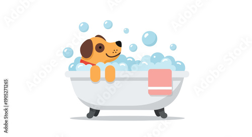 Cute dog in bathtub with bubbles and towel