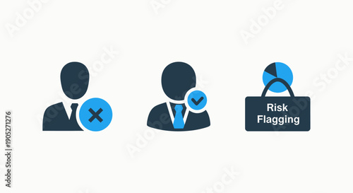 Risk Management Icons: User with decline symbol, approved user with checkmark, and risk flagging for financial or business processes.