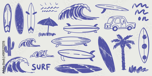 Hand Drawn Doodle Beach and Surf Vector Illustration Set, Tropical Coastal Summer Elements with Palm Trees, Waves, Surfboards, and Sun for T-Shirt Design, Posters, Placards, and Print Graphics