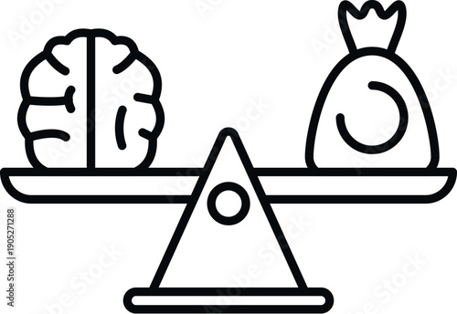 Scale showing a human brain balancing with a money bag, representing values and priorities