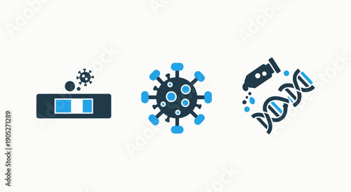 Medical and Scientific Research Icons: COVID-19 rapid test, virus particle, and DNA helix for healthcare and genetics.