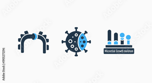 Microbial Growth and Data Icons: Industrial pipe connection, virus particle, and microbial growth chart for scientific analysis.