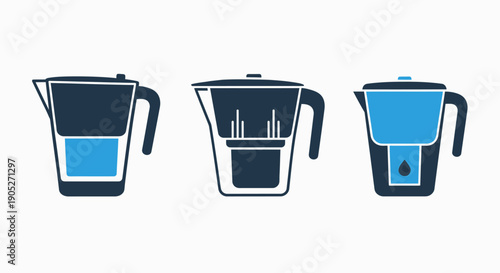 Water Filter Pitcher Icons: Three different designs of water filter pitchers for domestic use and clean drinking water.