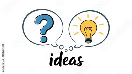 Blue question mark in speech bubble next to glowing yellow light bulb with word ideas