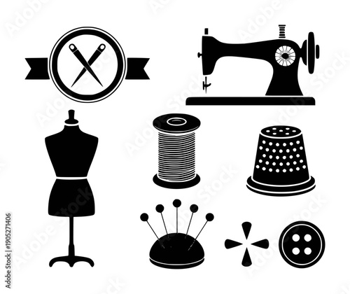 Black Silhouette Sewing Including Machine Mannequin Spool Thimble Button and Needles