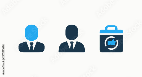Minimalist flat icons showing business professionals: two suit-clad figures and a briefcase with a thumbs-up symbol indicating approval or success, in blue and dark blue.
