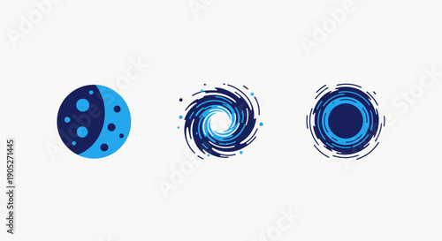 Abstract circular and swirling graphic icons in dark blue and light blue, representing cosmic phenomena like a celestial body, a vortex, and a black hole.