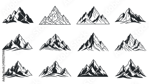 Collection of minimalist mountain peak silhouettes in black and white for outdoor adventure and nature-themed graphic design projects.