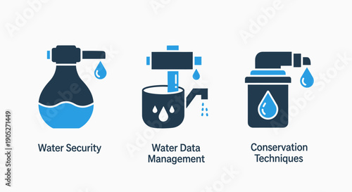 Set of icons symbolizing water security, data management, and conservation techniques, featuring water containers, flowing liquid, and processing elements in blue and dark blue.