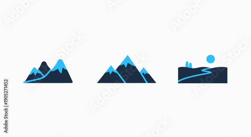 Stylized flat icons depicting mountain ranges, a landscape with a winding path, and a desert scene with buildings under a sun, in dark blue and bright blue.