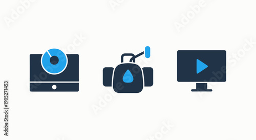 Set of minimalist flat icons for video production and media: a computer monitor displaying data, a professional video camera bag, and a screen with a play button, in dark blue and blue.
