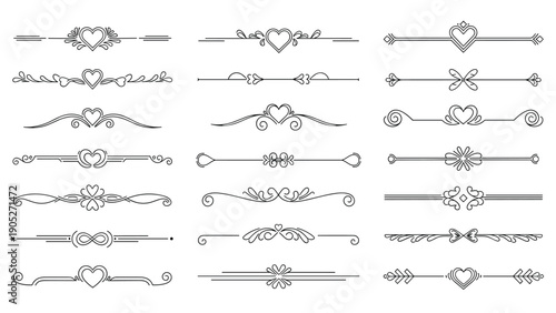Ornate decorative page dividers and line ornaments featuring hearts and floral motifs for elegant stationery and book design projects.