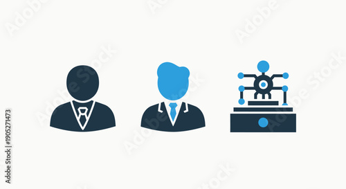 Abstract flat icons showing business professionals and a technology concept: a person silhouette, another figure in a suit, and a complex network structure on a stand, in blue and dark blue.