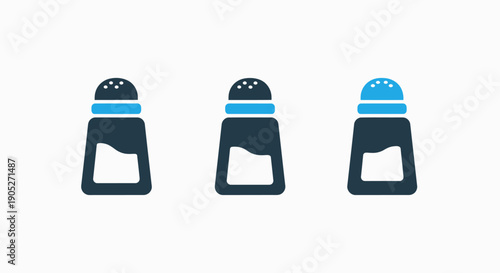 Three modern flat design icons of salt and pepper shakers, one in light blue, representing seasoning, condiments, and food preparation.